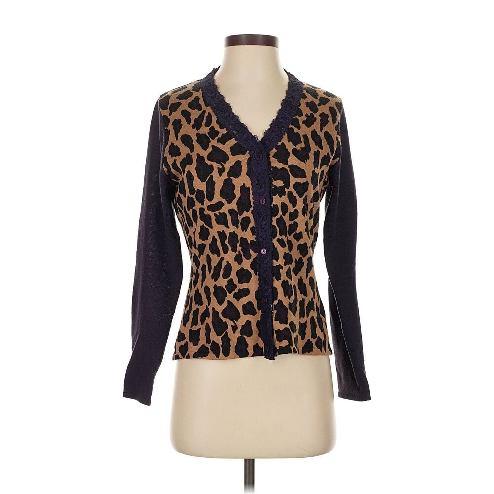Gerard Darel Animal Print V-Neck Cardigan Sweater Womens S Camel Purple